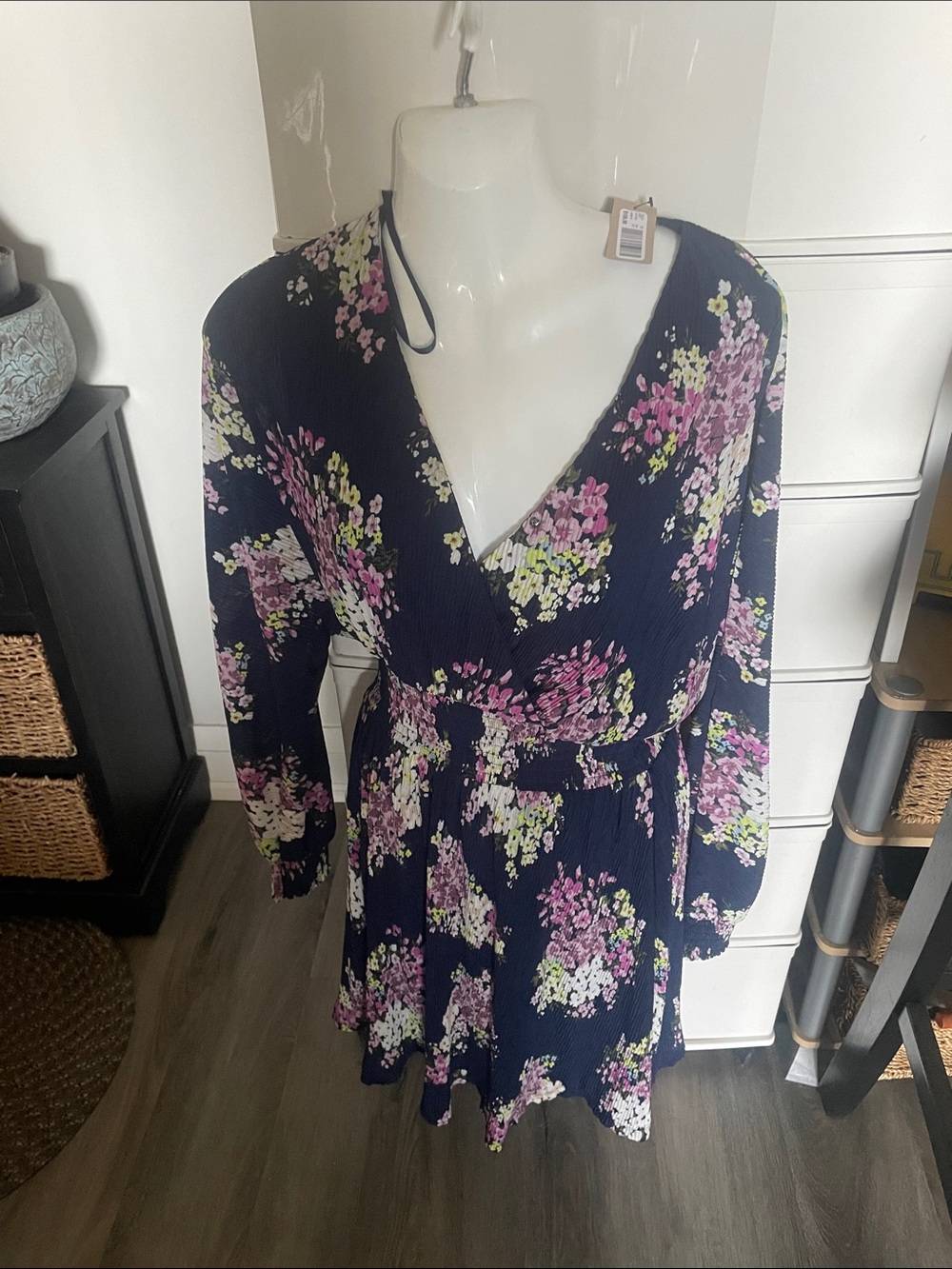 RW&CO. Pink and Blue Long Sleeve V-Neck Sundress xs